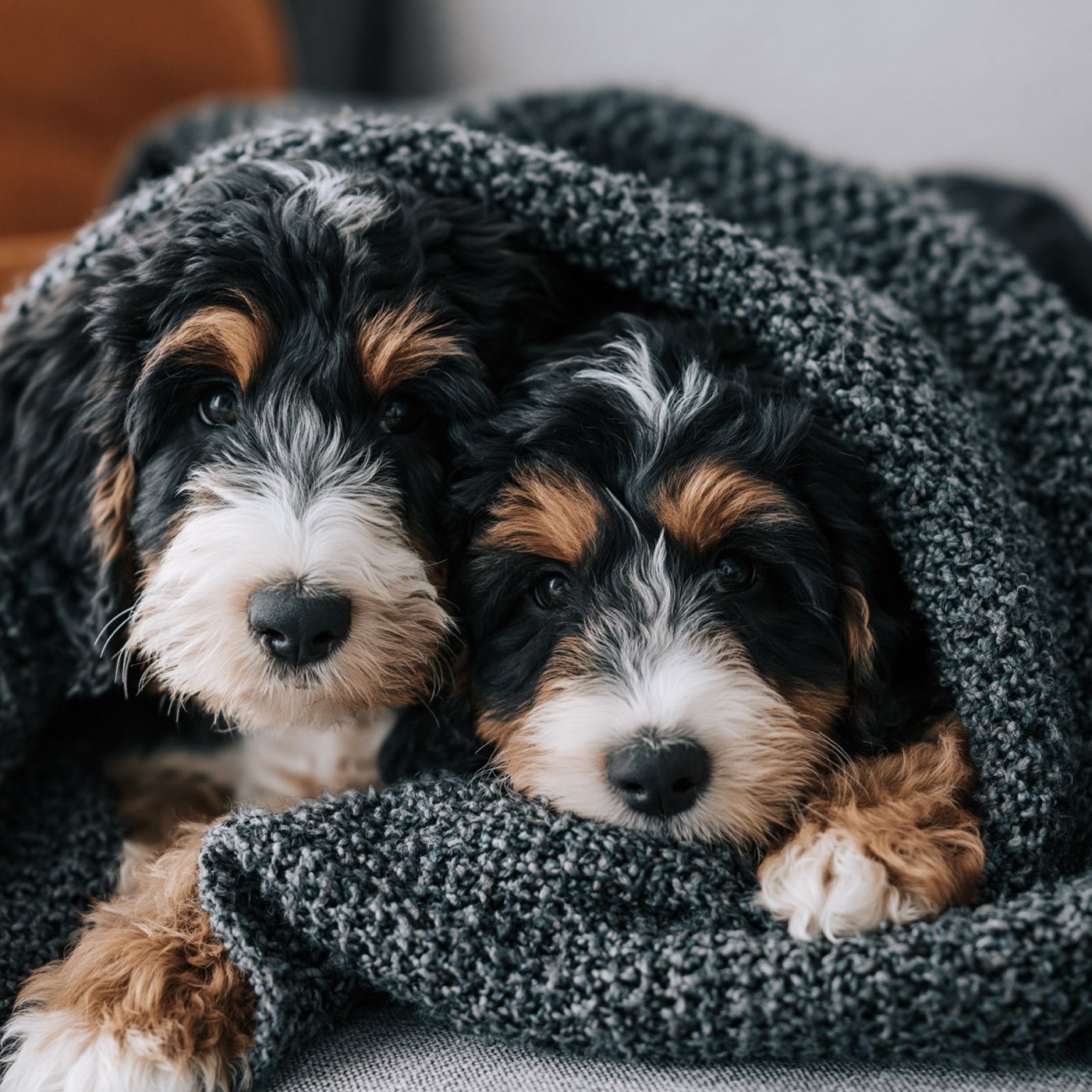 Bernedoodle puppies wrapped in a blanket